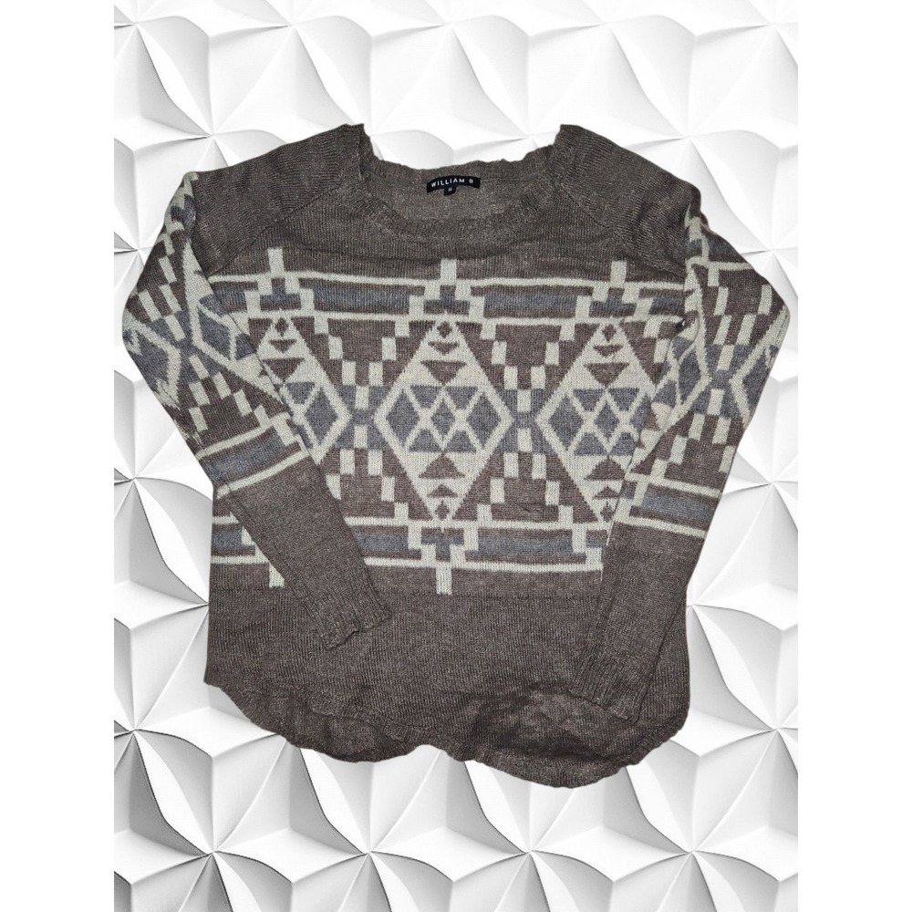 William B Mohair Wool Blend Tribal Intarsia Sweater Taupe Brown Small